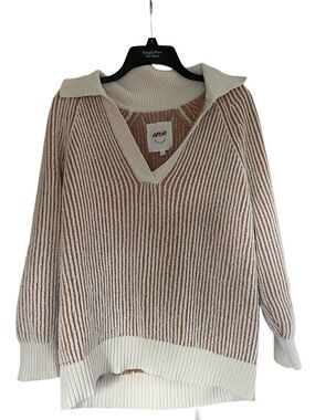 aerie Two-Tone V-Neck Ribbed Sweater - Cream & Brown